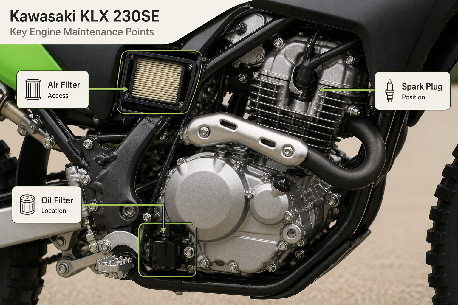 Kawasaki KLX 230SE engine showing maintenance points: oil filter, air filter, spark plug location