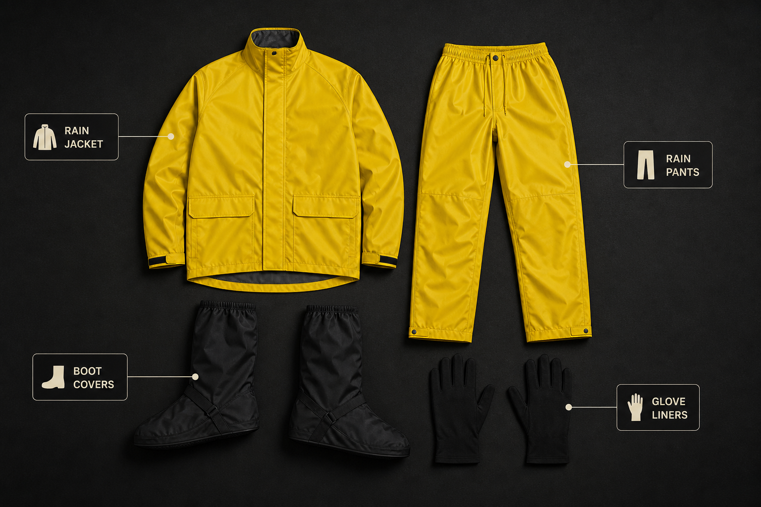 Exploded view of motorcycle two-piece rain suit components showing jacket, pants, boot covers, and glove liner with labels