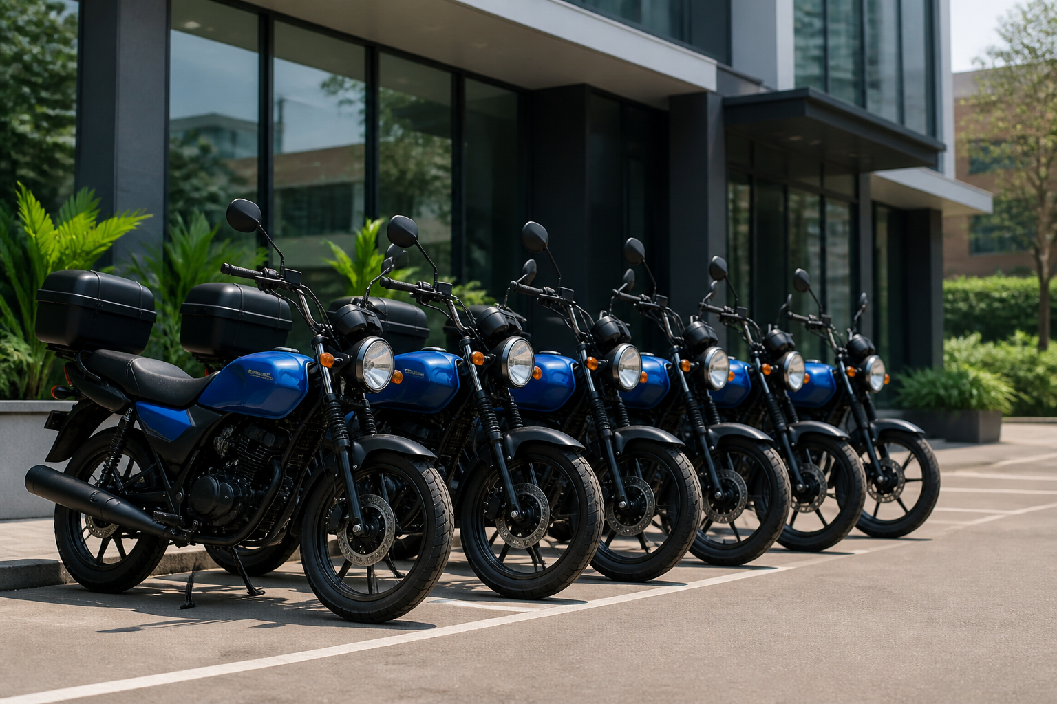 Fleet of motorcycles parked outside office building