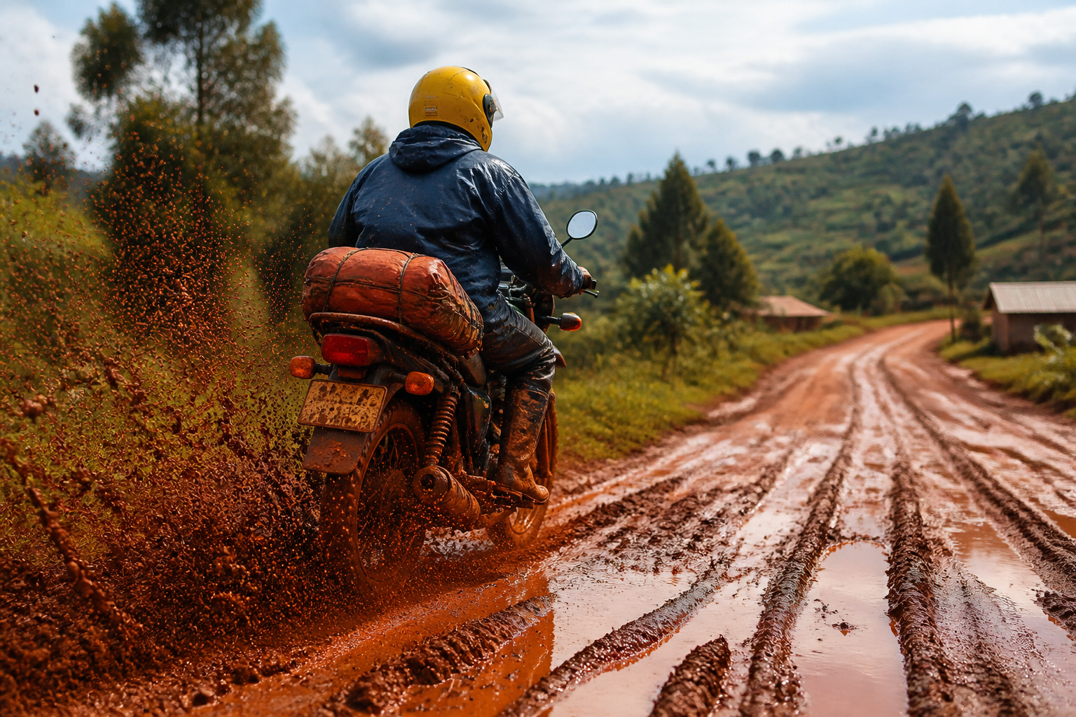 Boda boda navigating muddy road with good tyre grip