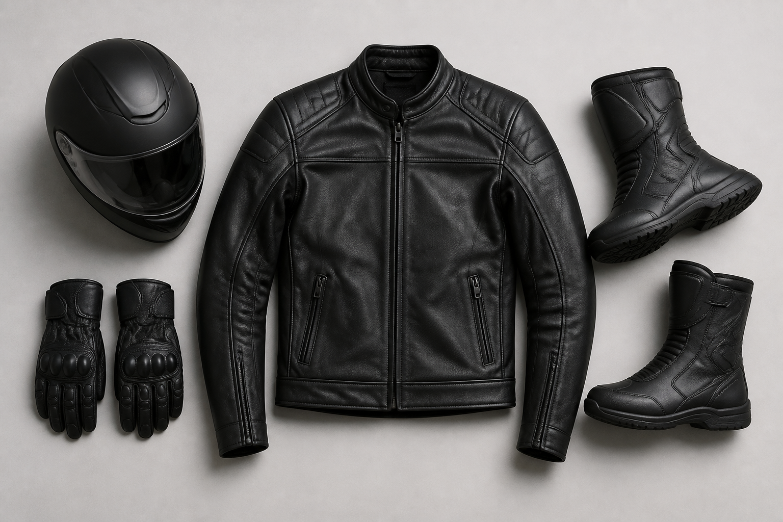 Flat lay of complete motorcycle riding gear