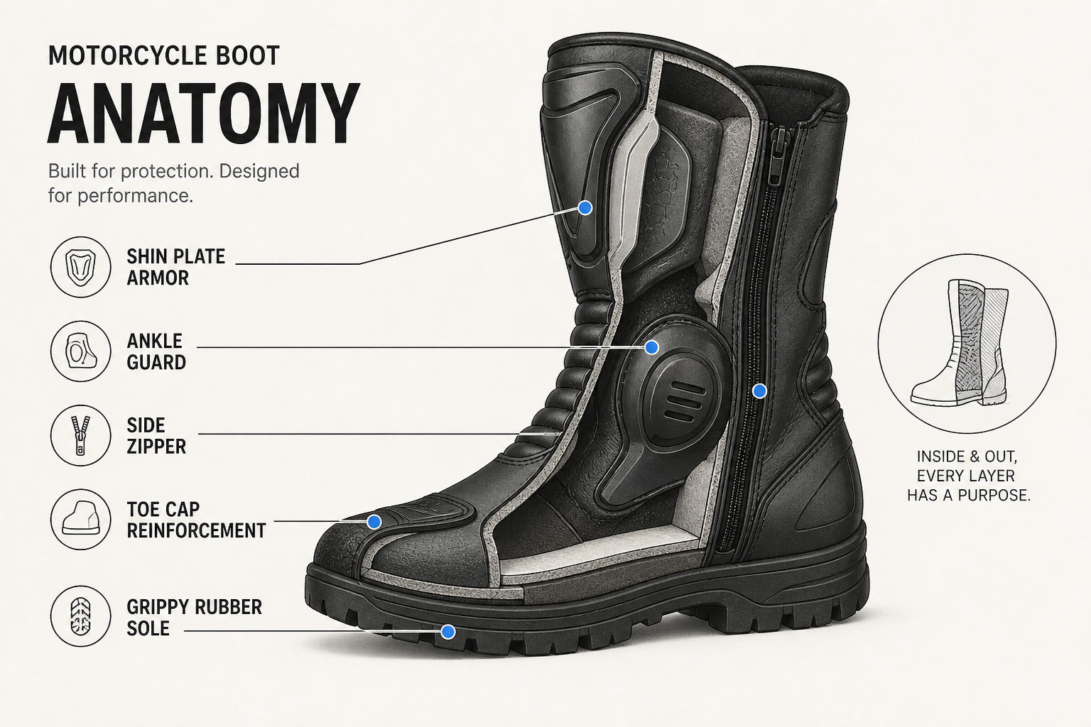 Boot anatomy diagram showing toe cap, ankle guard, shin plate, sole, and zipper