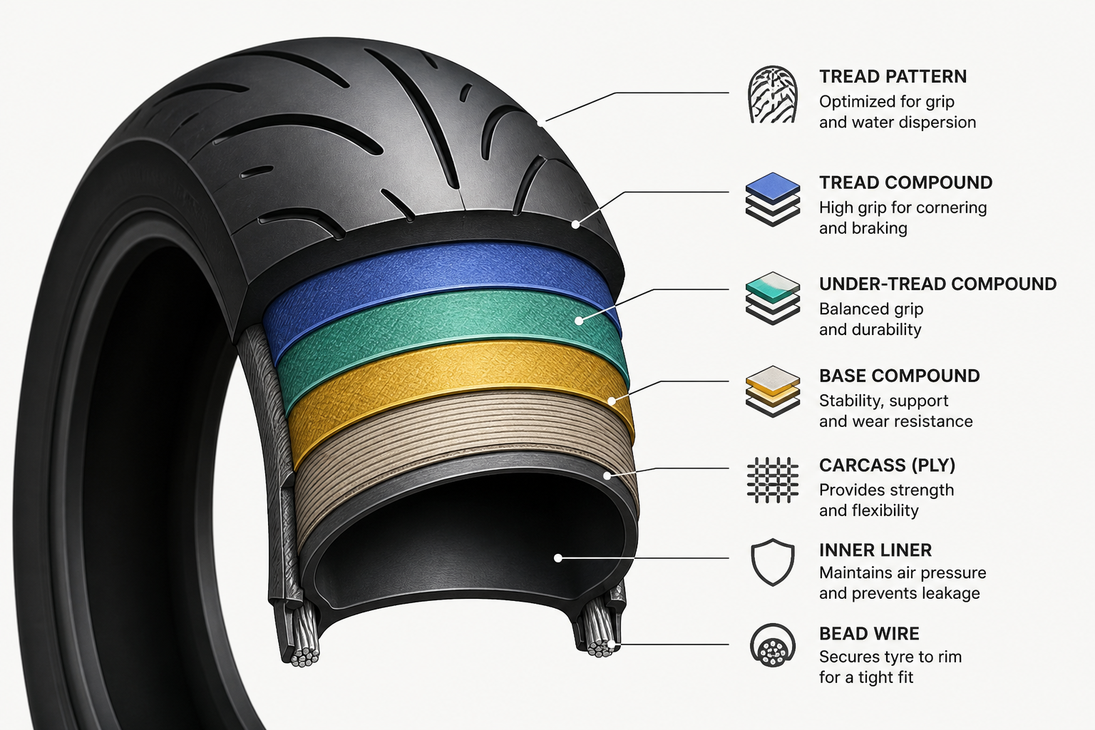Cross-section of tyre showing tread and compound layers