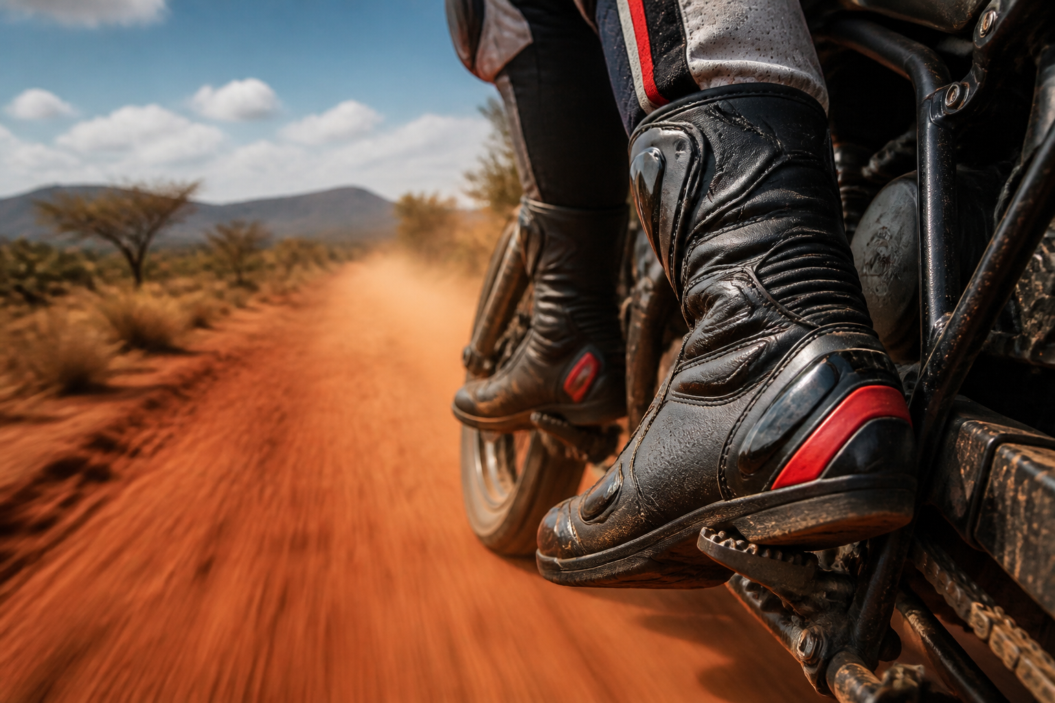 Motorcycle rider's feet on footpegs wearing racing boots in Kenyan countryside