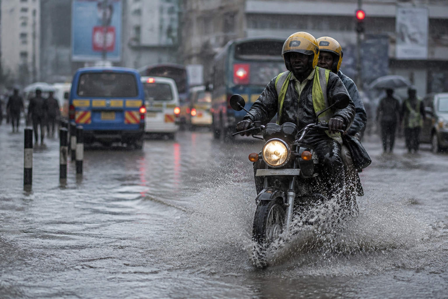 Boda boda motorcycle navigating flooded Nairobi street during heavy rain, tyre spray visible