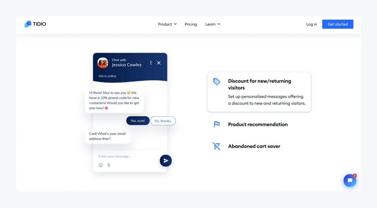 Tidio chat widget running a Flow that offers a discount code in exchange for the visitor email
