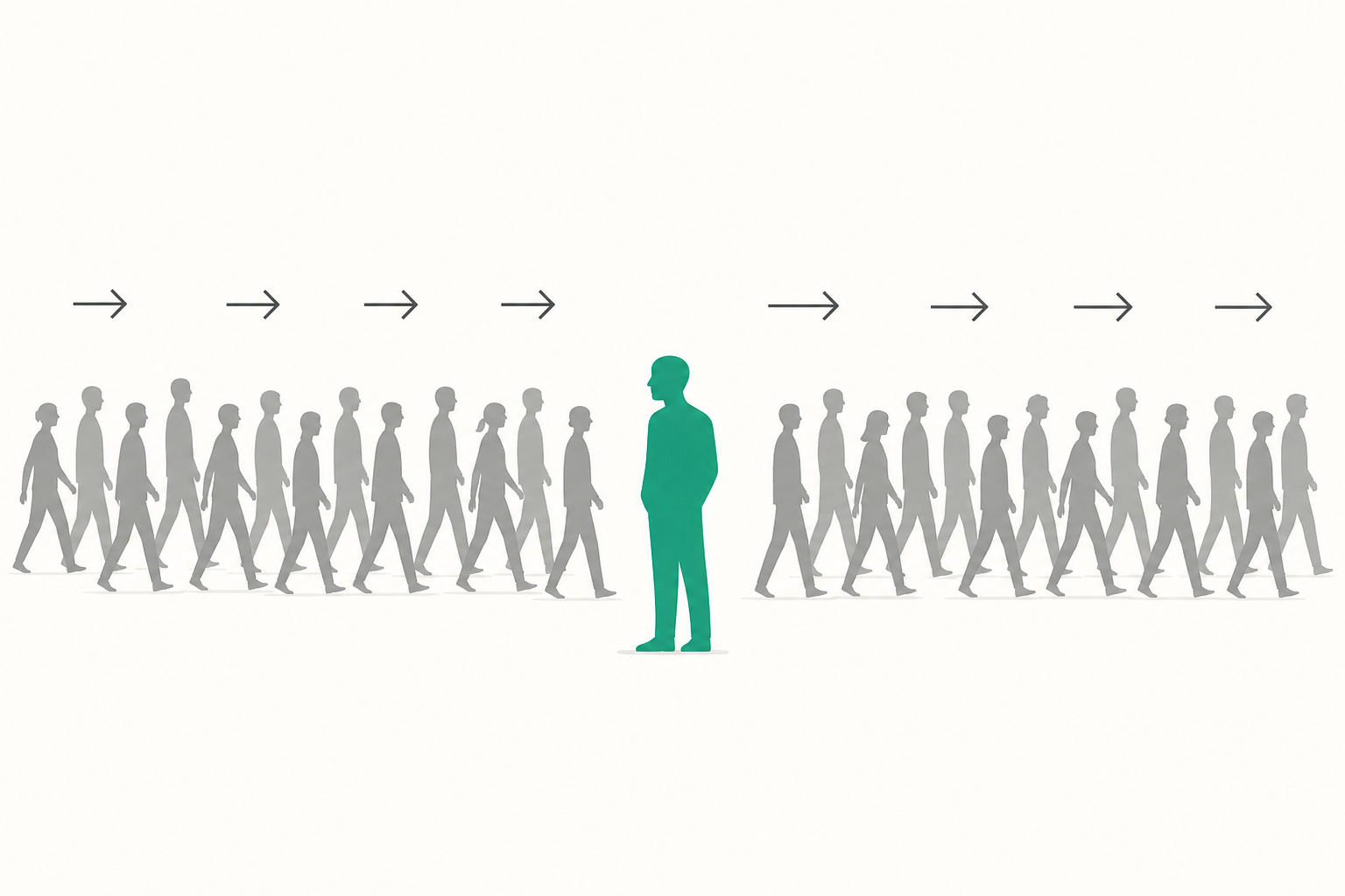 A crowd of grey silhouettes all moving in one direction, with a single teal figure standing still facing away - illustrating the lone dissenter against herd behaviour