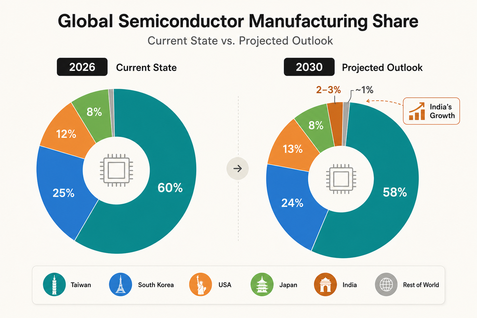 Global semiconductor manufacturing share 2026 vs 2030 projection, showing India's rise from <1% to 2–3%