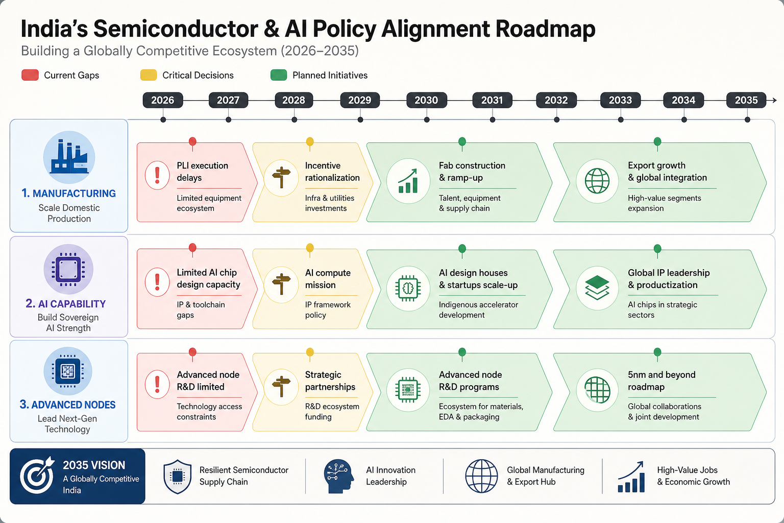 Strategic roadmap: India's semiconductor and AI policy alignment needs 2026–2035, showing manufacturing, AI capability, and advanced-node tracks