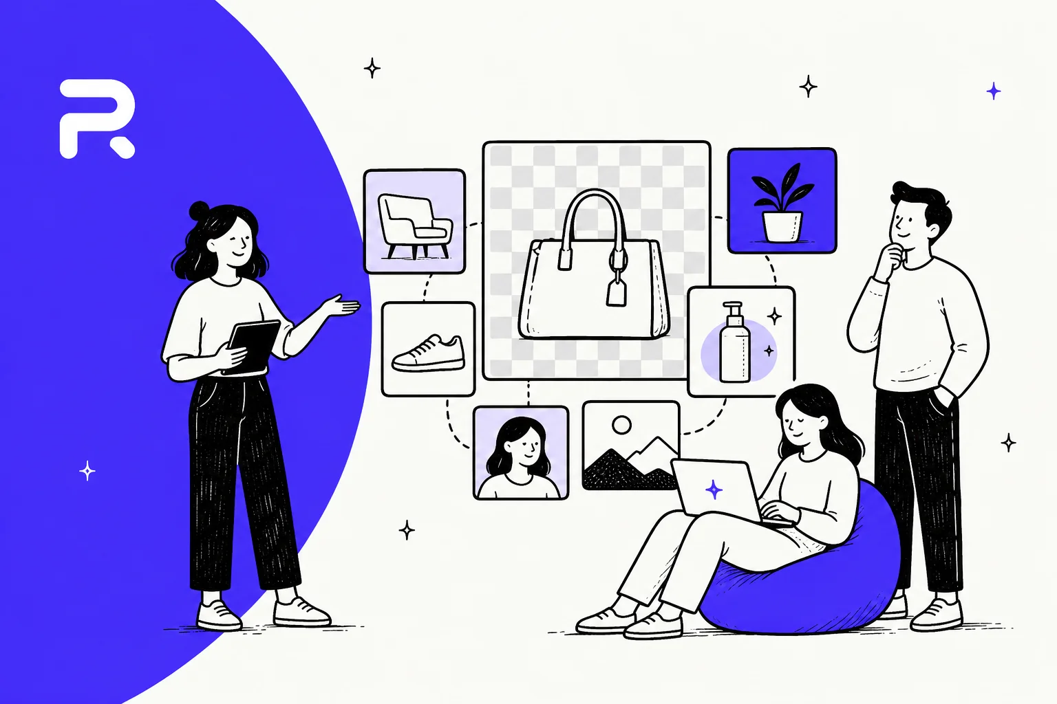 Creative workflow illustration with team and digital product icons representing design tools