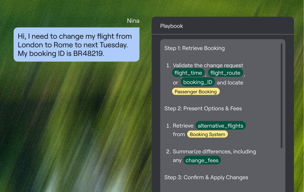 Ada AI agent Playbook builder walking through a flight change conversation flow