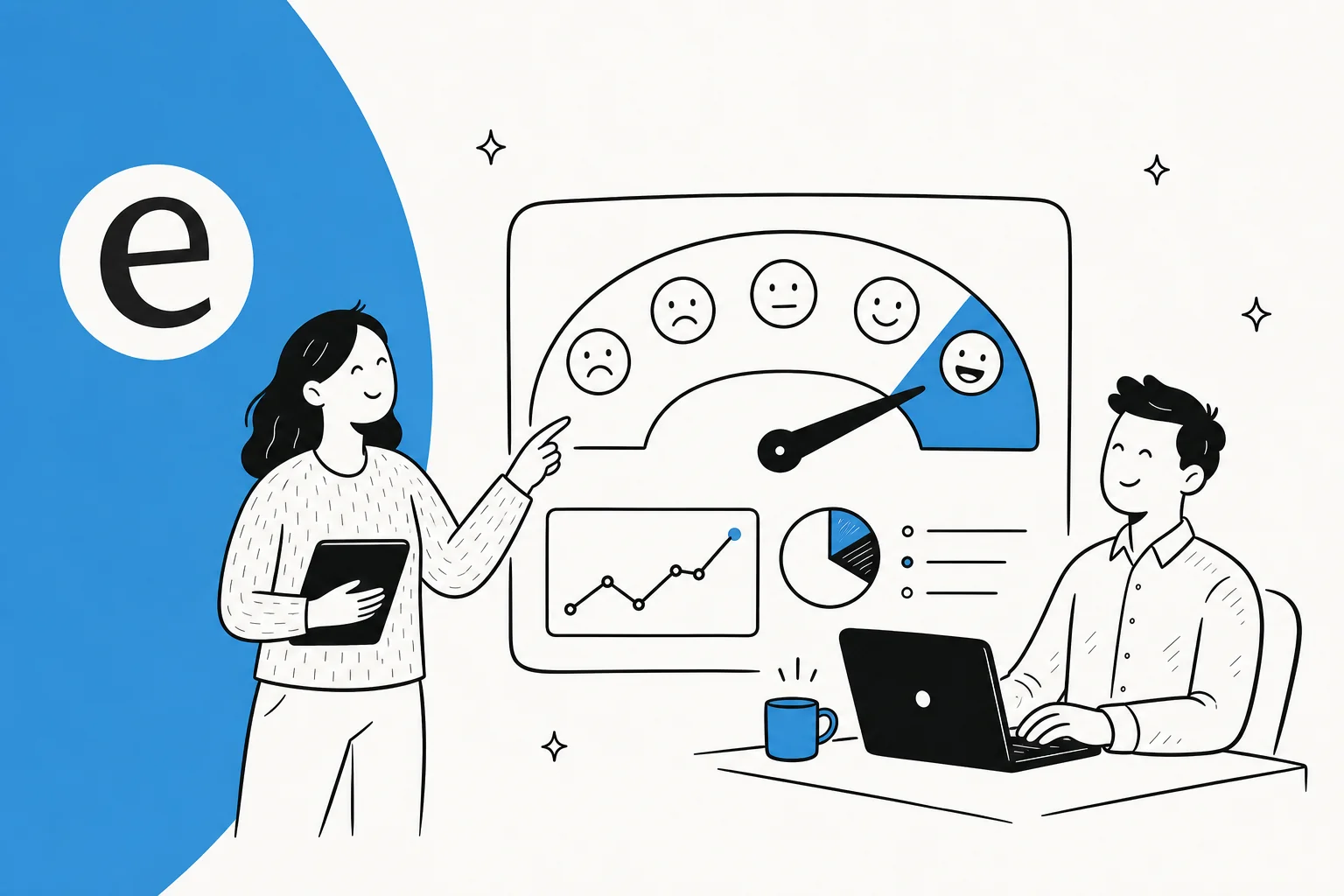 Illustration of a customer satisfaction survey rating scale and support analytics, in eesel blue