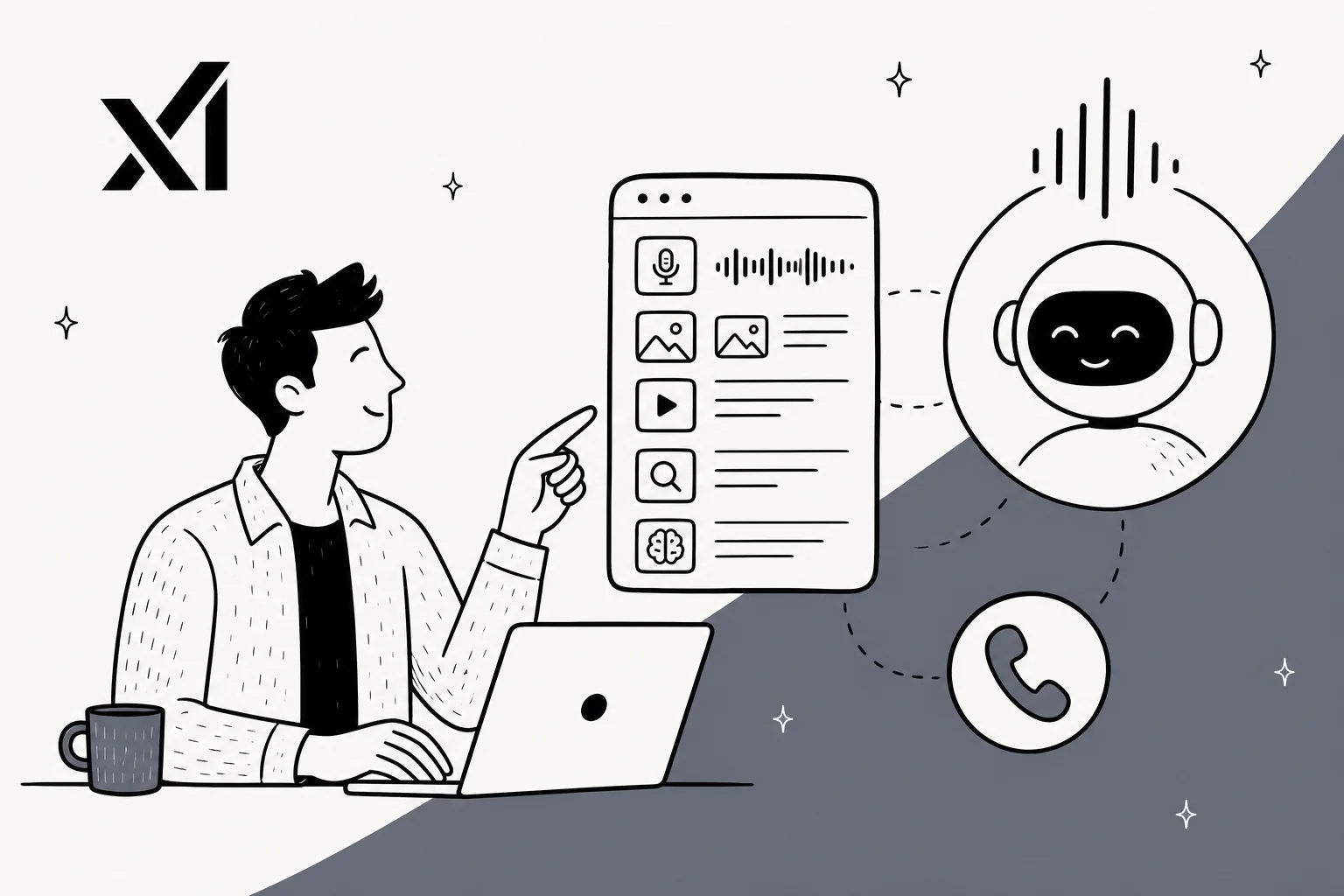 Illustration concept d'un agent vocal IA no-code créé avec xAI Voice Agent Builder