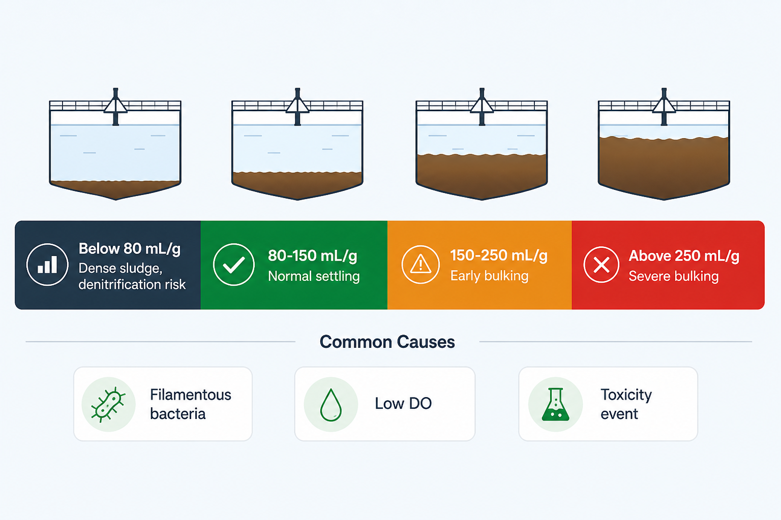 SVI range spectrum from dense sludge below 80 to severe bulking above 250, with clarifier cross-section icons for each zone