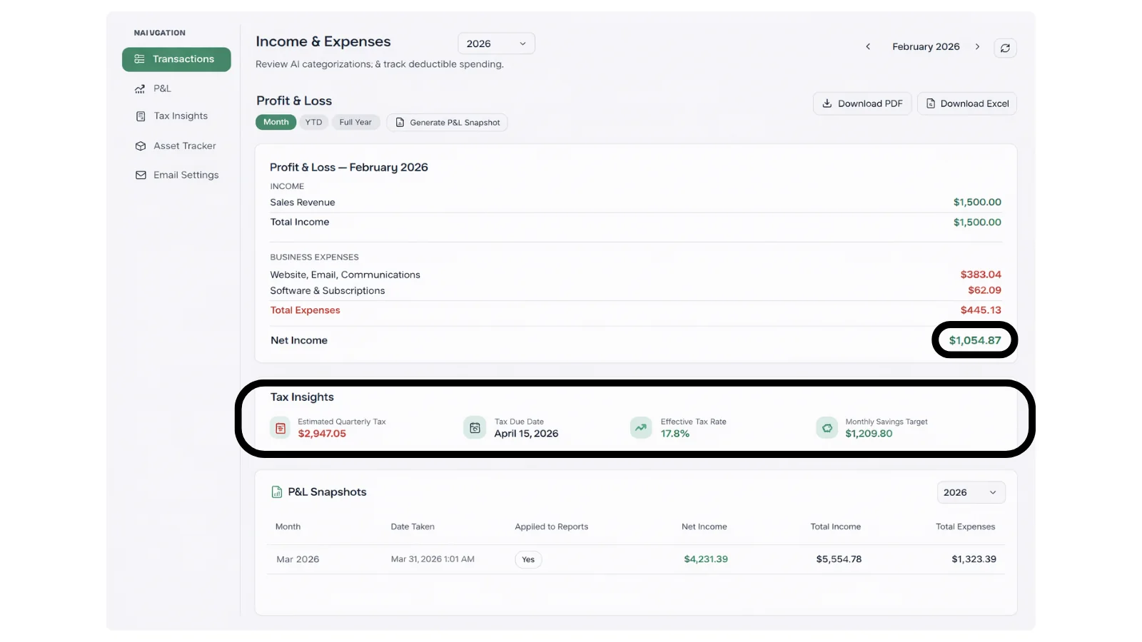 SnapTax Profit and Loss report with real-time quarterly tax estimate update - showing how income and expense changes immediately flow through to the projected quarterly payment - as taken from SnapTax