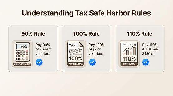 Safe harbor rules for estimated tax payments - 90%, 100%, and 110% thresholds, as taken from SnapTax