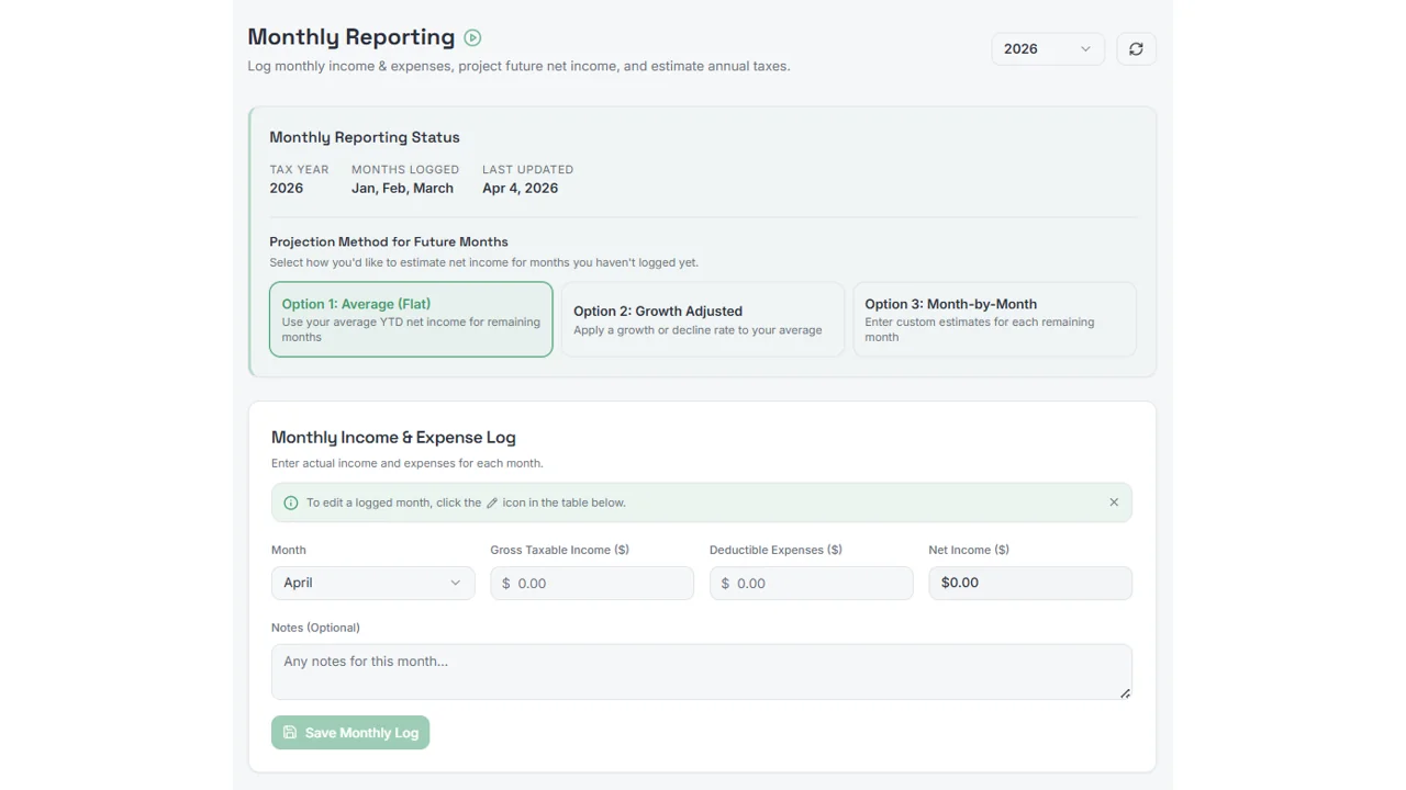 SnapTax monthly reporting with projection method selection and income logging, as taken from SnapTax