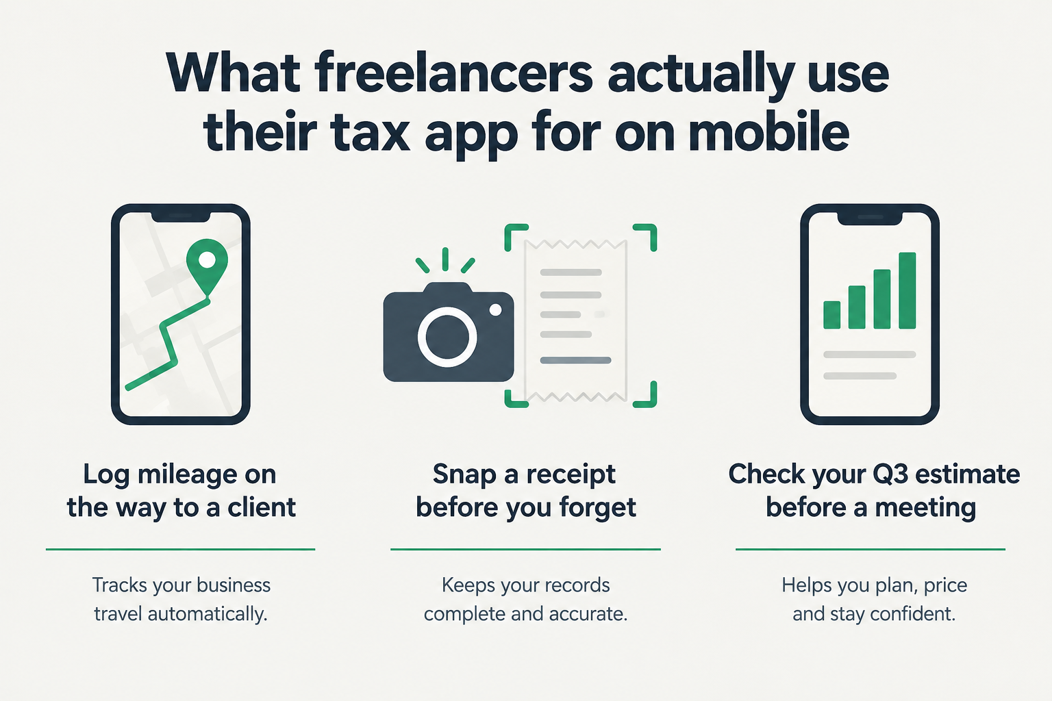 Mobile apps for freelancer tax management: tracking mileage, scanning receipts, checking tax estimates.