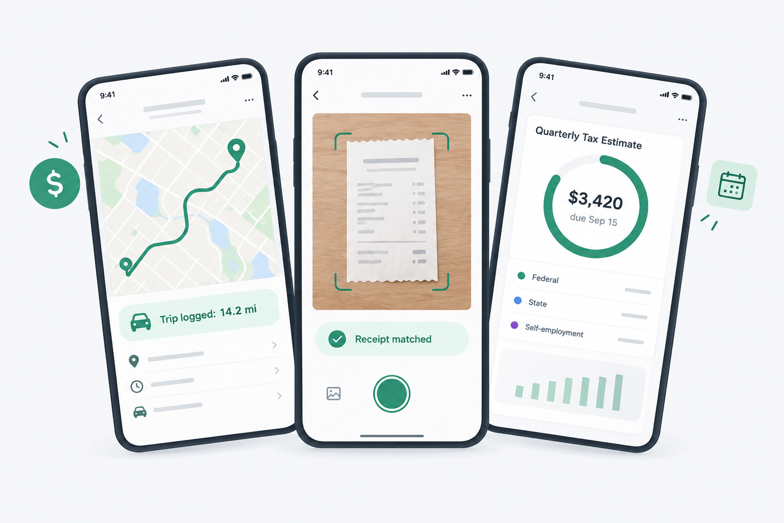 Screens displaying GPS mileage tracking, receipt capture, and quarterly tax estimates for freelancer tax management.