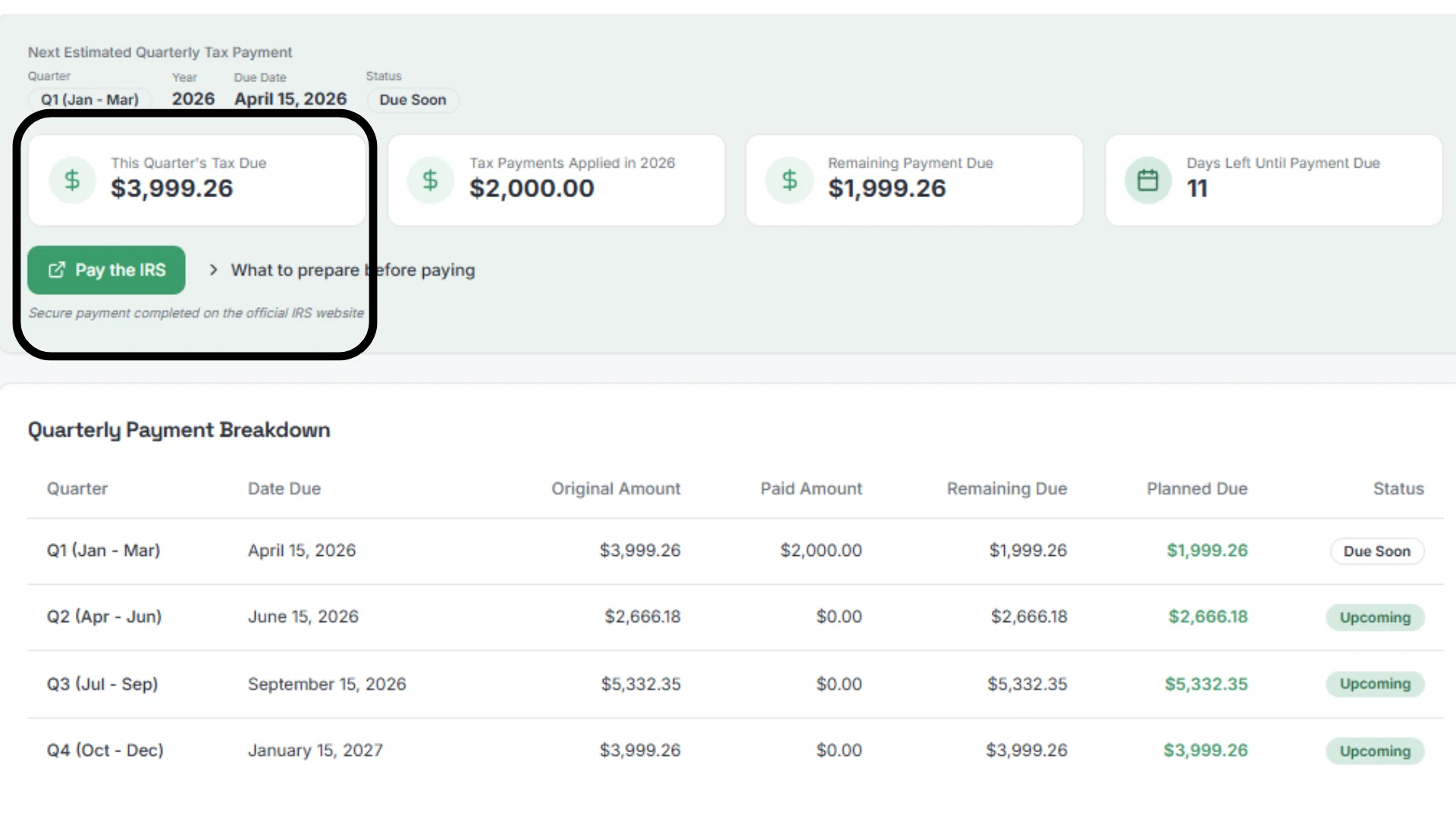SnapTax quarterly payment breakdown table showing payment form and annual tax plan status, as taken from SnapTax