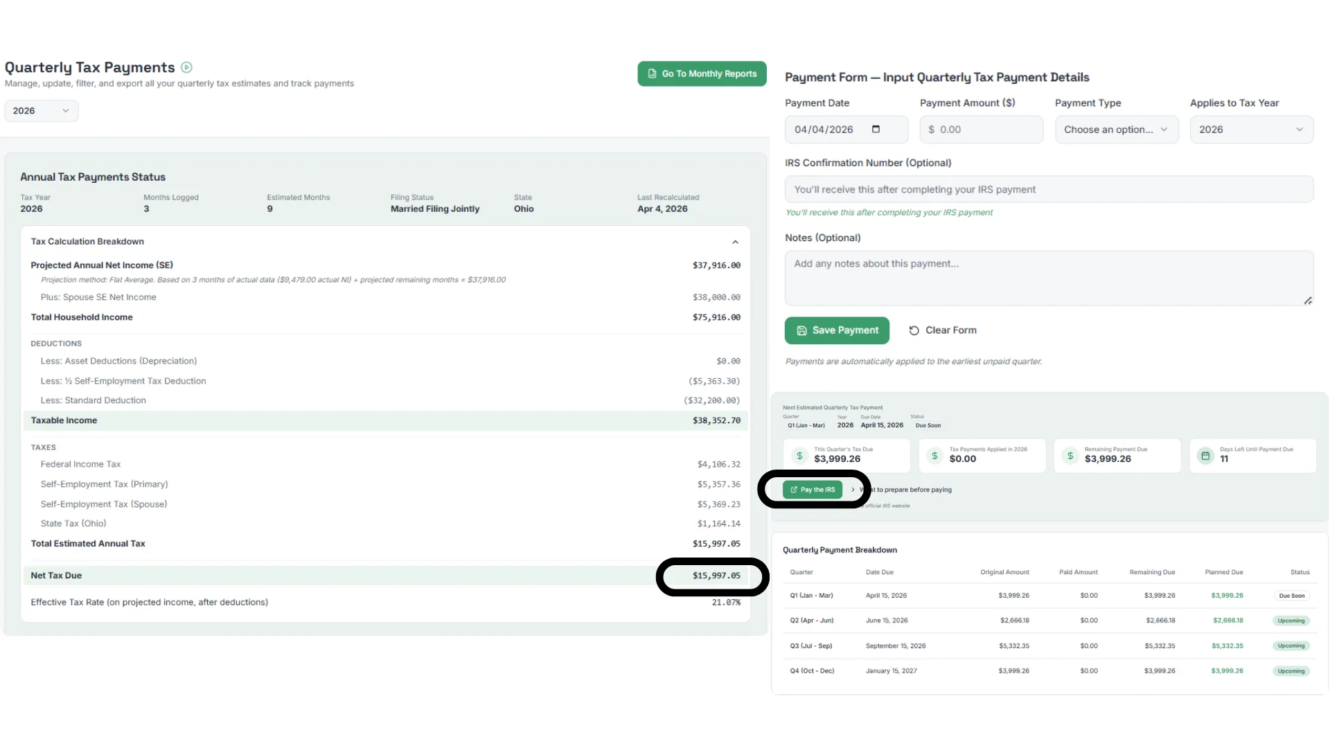 SnapTax full tax calculation breakdown showing federal, state, and self-employment tax, as taken from SnapTax
