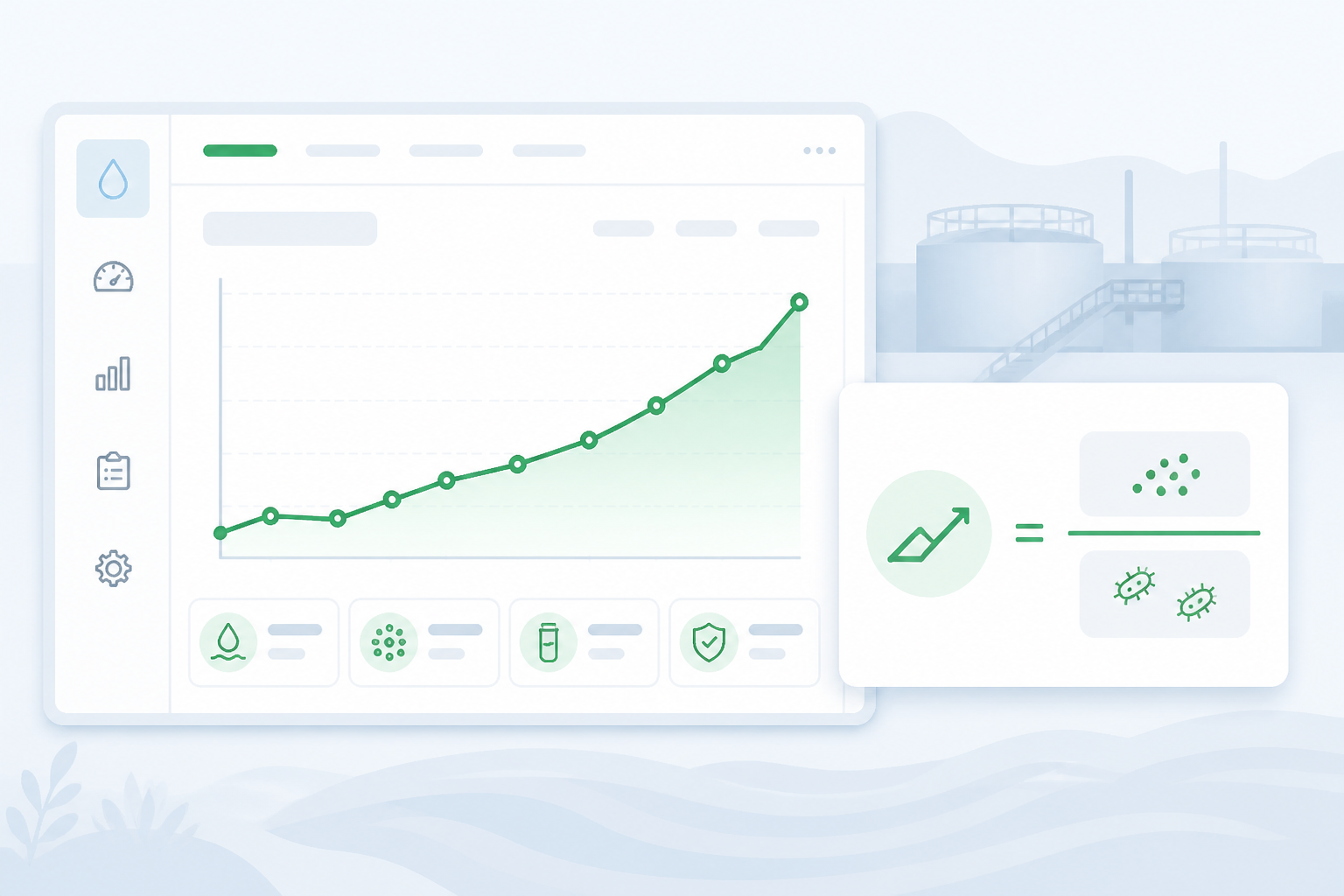 Flat editorial illustration of an F/M ratio process control dashboard for activated sludge wastewater treatment