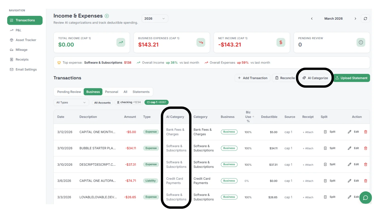 SnapTax AI expense categorization showing automatic transaction sorting from a bank statement upload for freelancers and 1099 workers, as taken from SnapTax