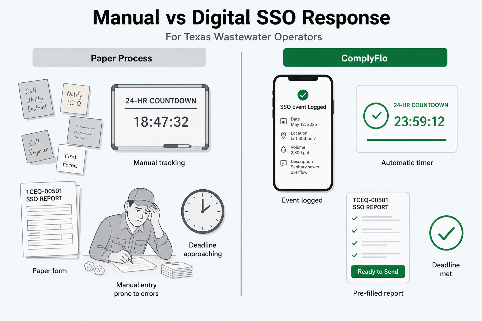 Manual SSO reporting process versus ComplyFlo's digital tracking system for Texas operators