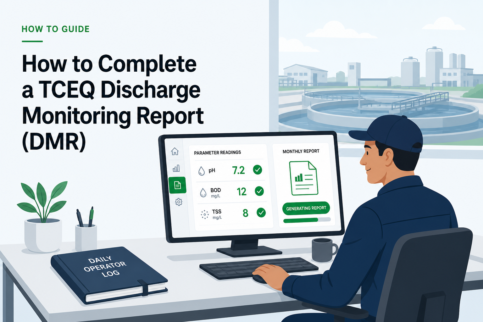 Texas wastewater operator completing a digital DMR report on a clean compliance dashboard