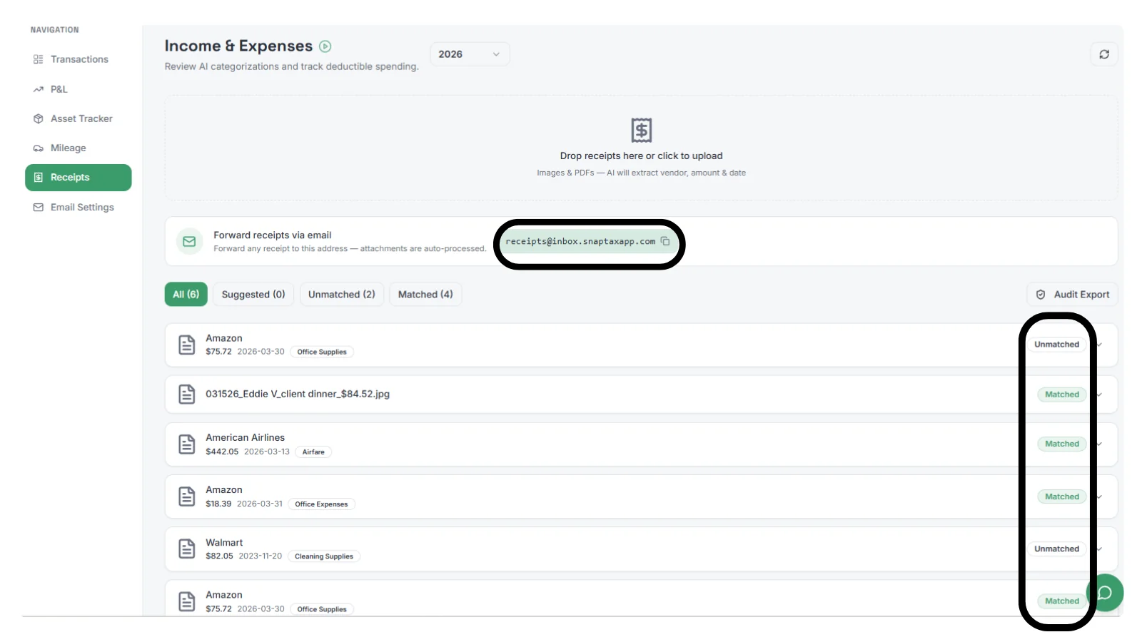 SnapTax Receipts page showing matched receipts with Audit Export button, as taken from SnapTax