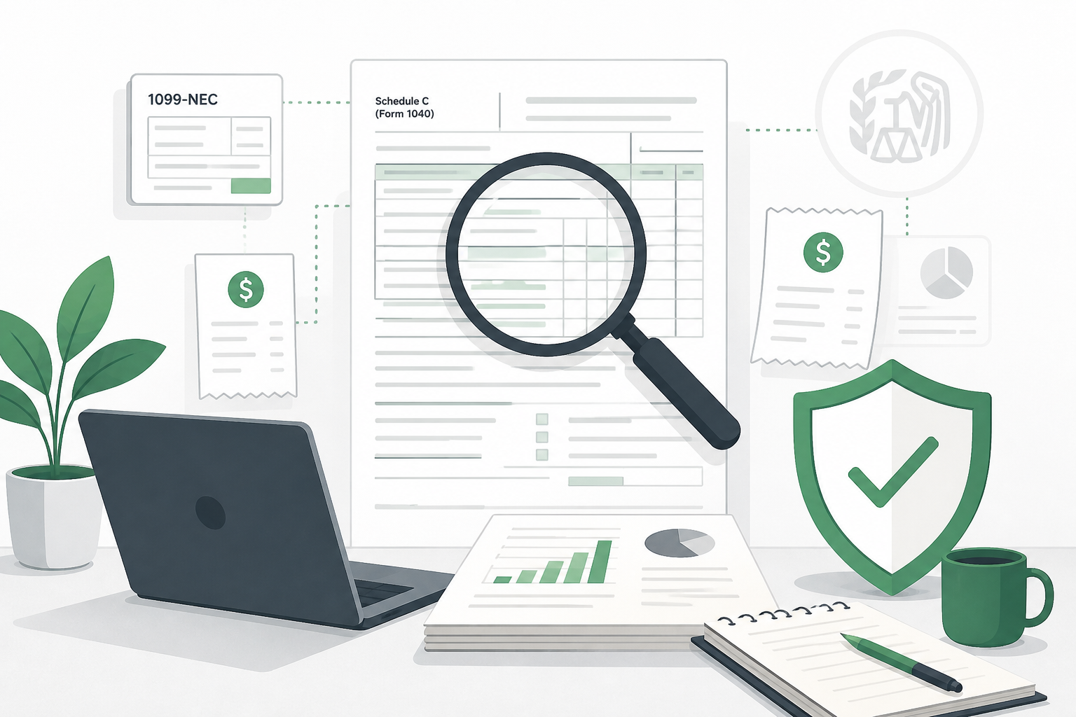 Freelancer at a laptop reviewing tax documents with a magnifying glass icon and IRS audit shield graphic