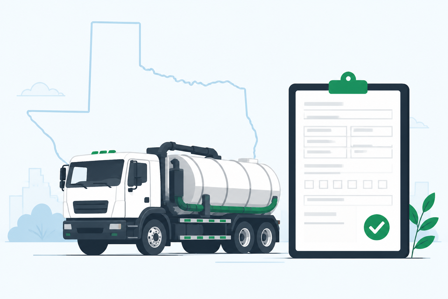 Texas FOG waste hauler truck with digital manifest and state of Texas outline illustration
