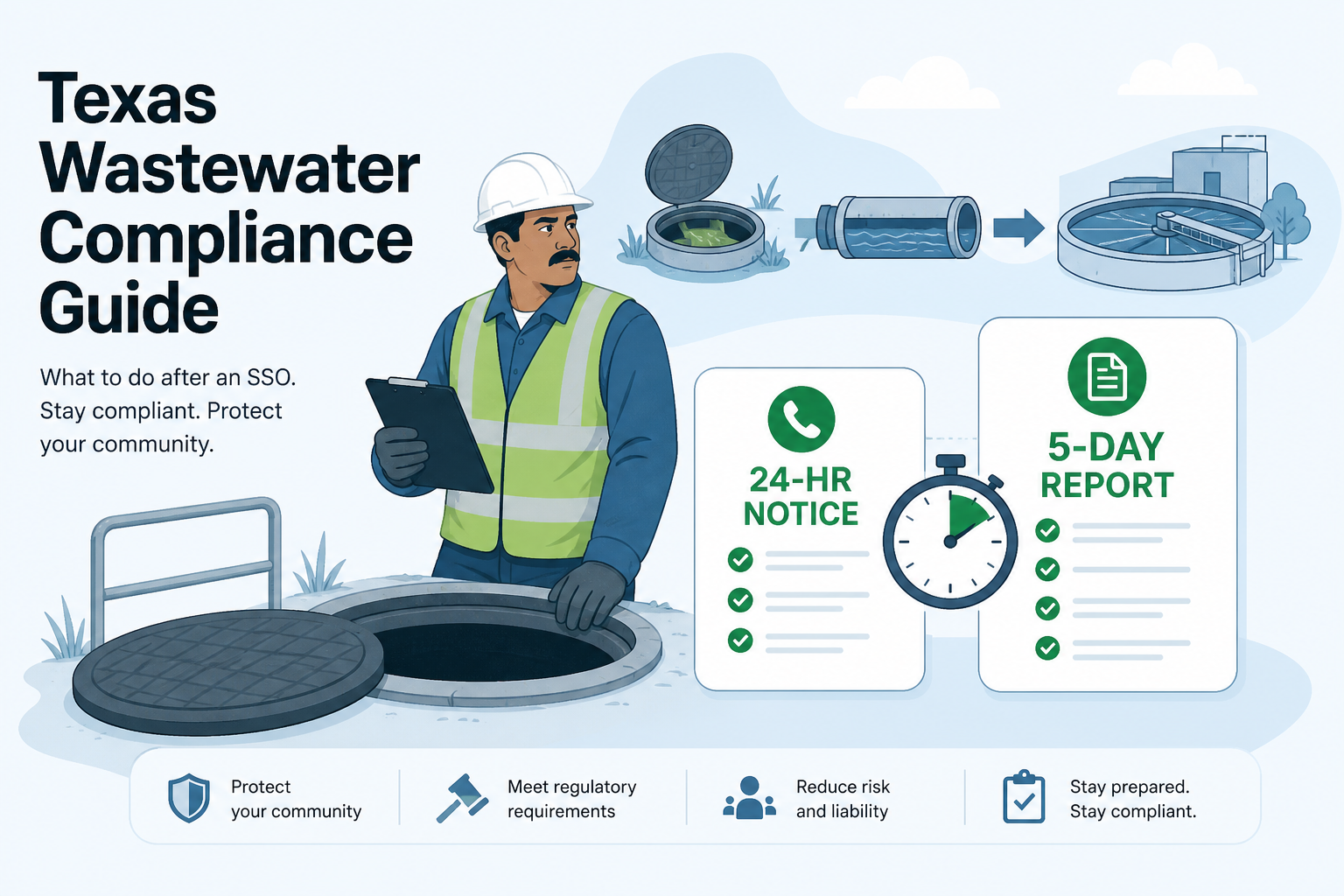 Texas wastewater operator reviewing SSO reporting requirements with 24-hour notice and 5-day report document cards