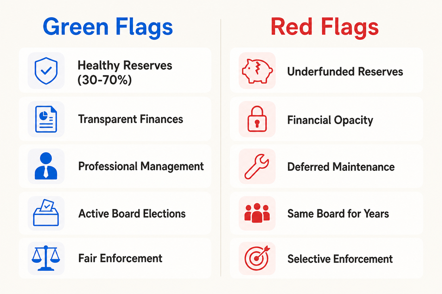 Green flags vs. red flags comparison chart for condo HOA evaluation
