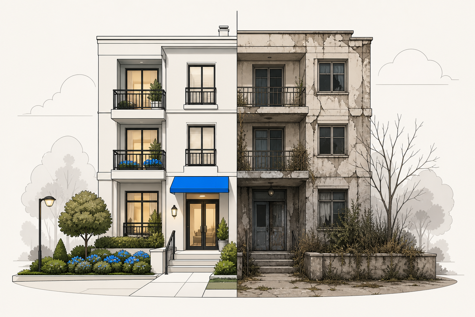 Split illustration of a well-maintained condo building on the left and a neglected one on the right