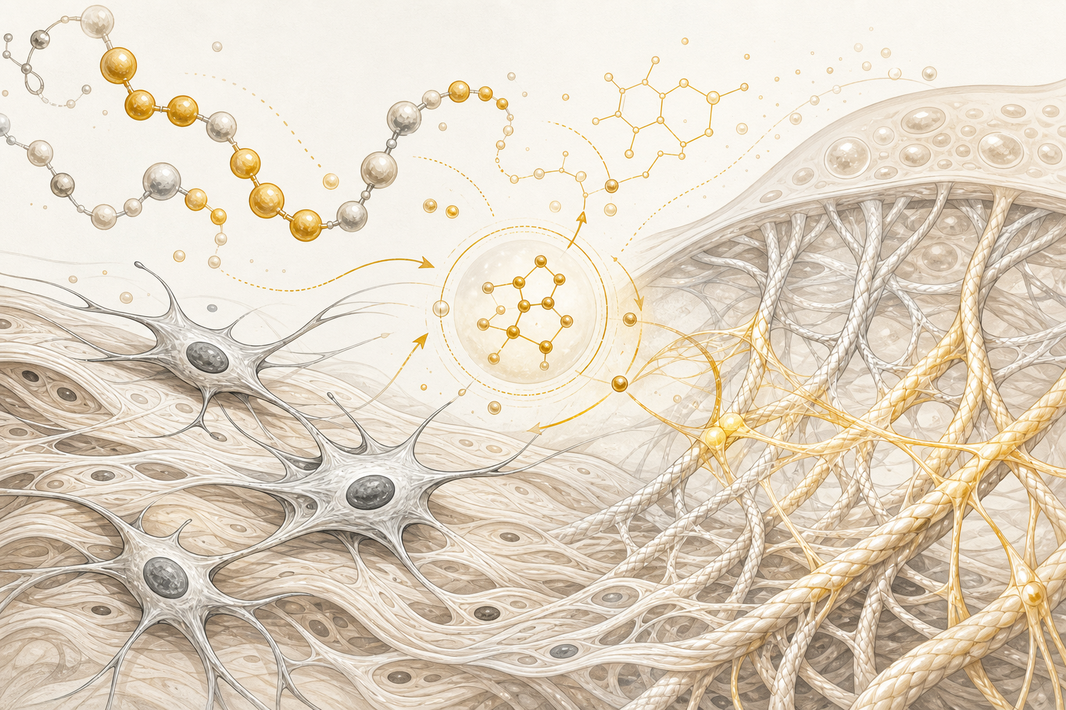 Cellular-level illustration of peptide tissue repair signaling and fibroblast activation