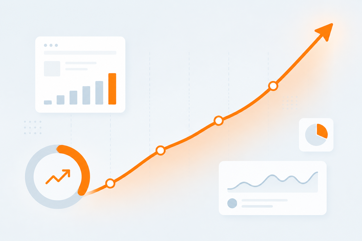 Upward trajectory graph showing SEO score improvement from 72 to 85, with warm orange accent color on light blue background