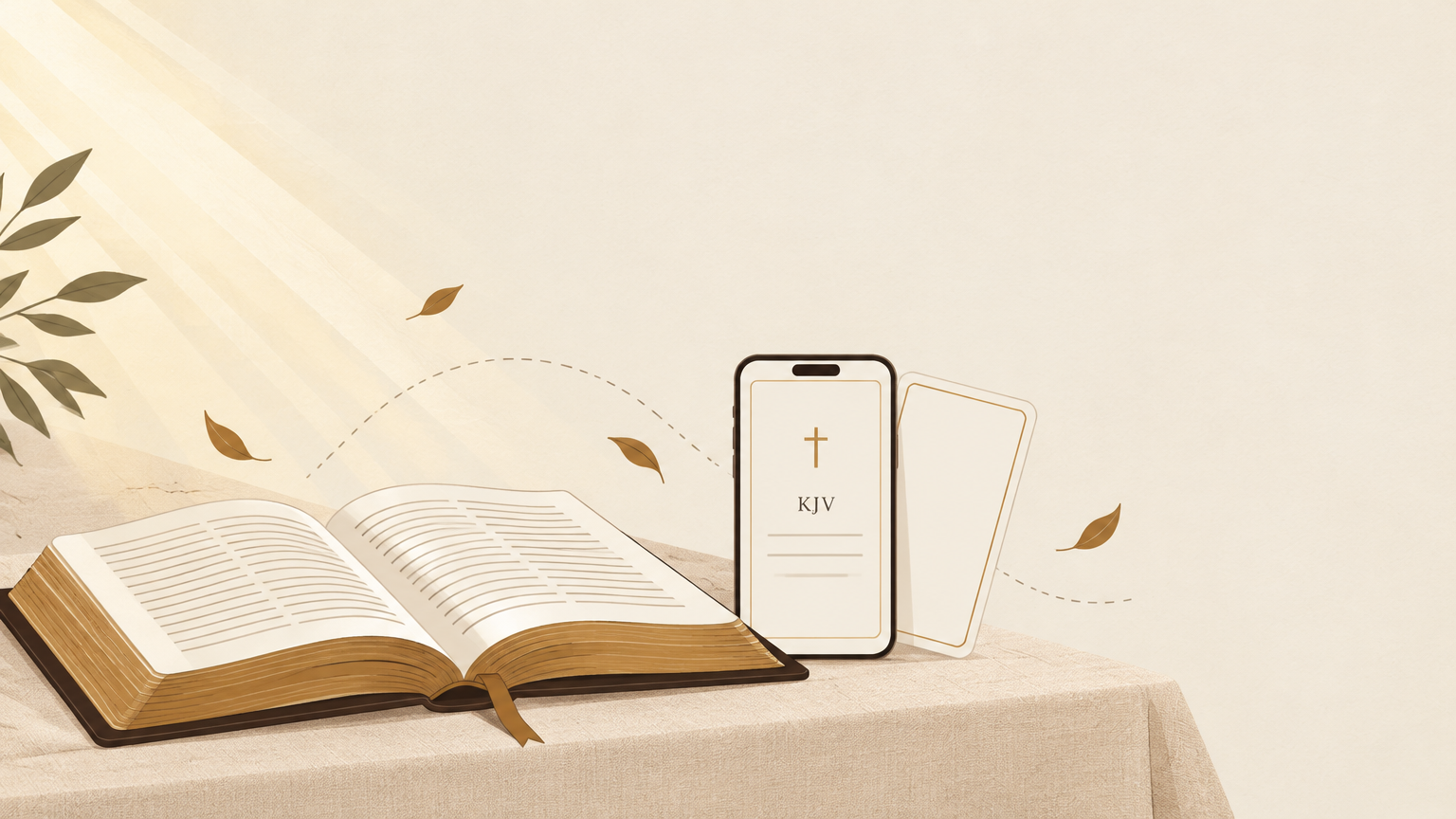 An open Bible beside a phone showing a KJV verse status card in warm morning light