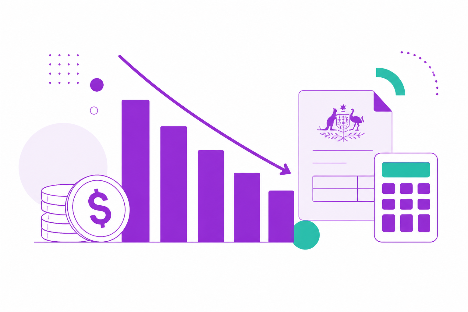 Flat editorial illustration of a downward bar chart and dollar symbols representing tax savings, in purple and teal on a white background