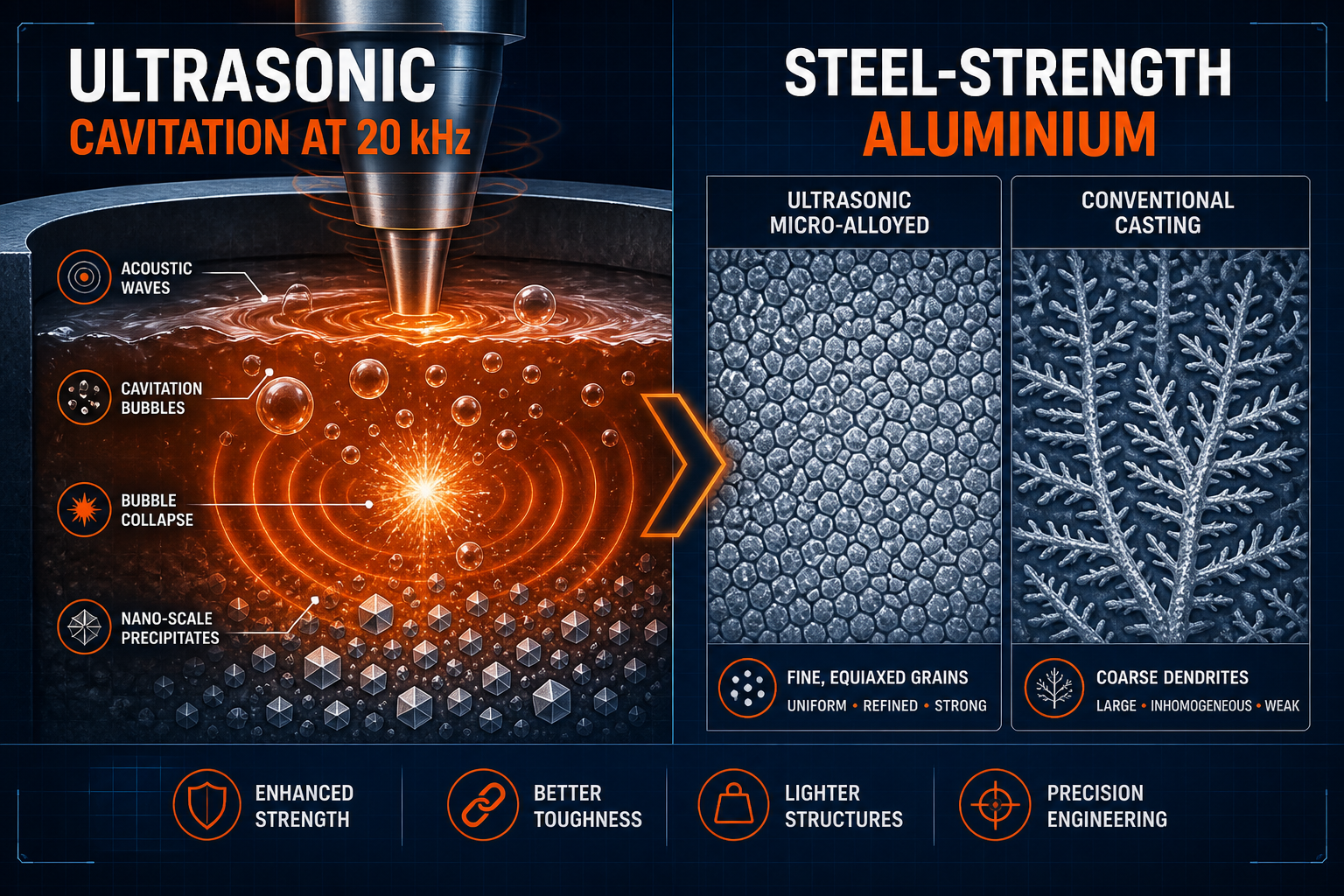 f91dfd9956de4871b70d7d55429fb1b6 Microaleación por ultrasonidos: cómo la cavitación a 20 kHz produce aleaciones de aluminio más resistentes que el acero