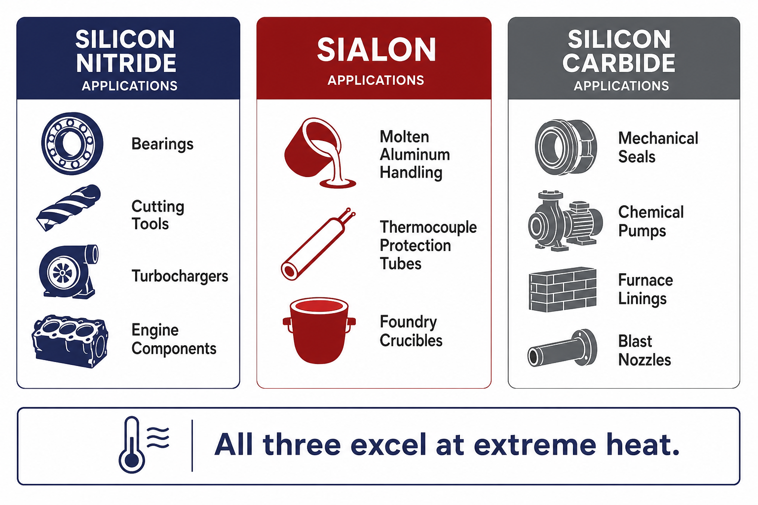 Application zones for three advanced ceramics: silicon nitride in engine and precision applications, sialon in molten metal and foundry, silicon carbide in abrasive and extreme-temperature industrial