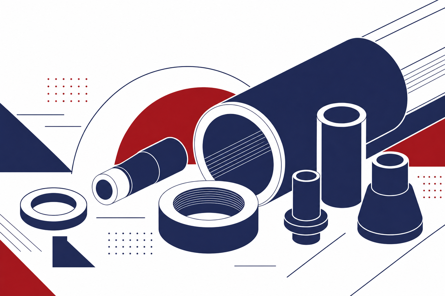 Abstract engineering cross-sections of sintered silicon carbide ceramic tubes and components in navy and white