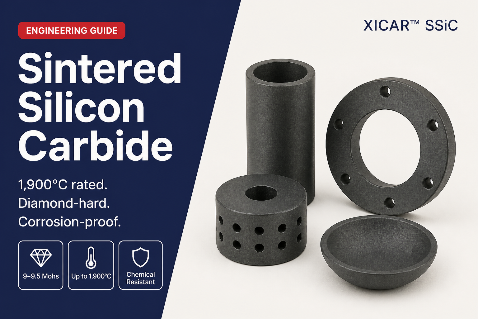 Sintered silicon carbide XICAR SSiC engineering guide - navy split banner showing SSiC components with 1900°C rated, diamond-hard, corrosion-proof specifications