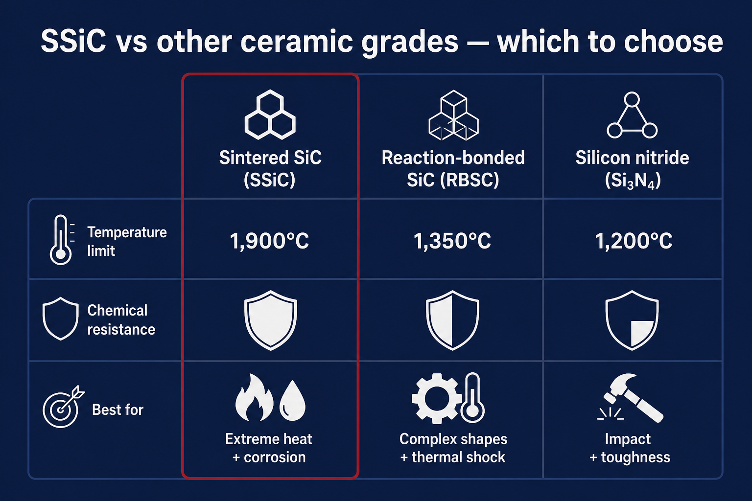 Comparison of SSiC vs RBSC vs Si3N4: temperature limits, chemical resistance, and best-use cases