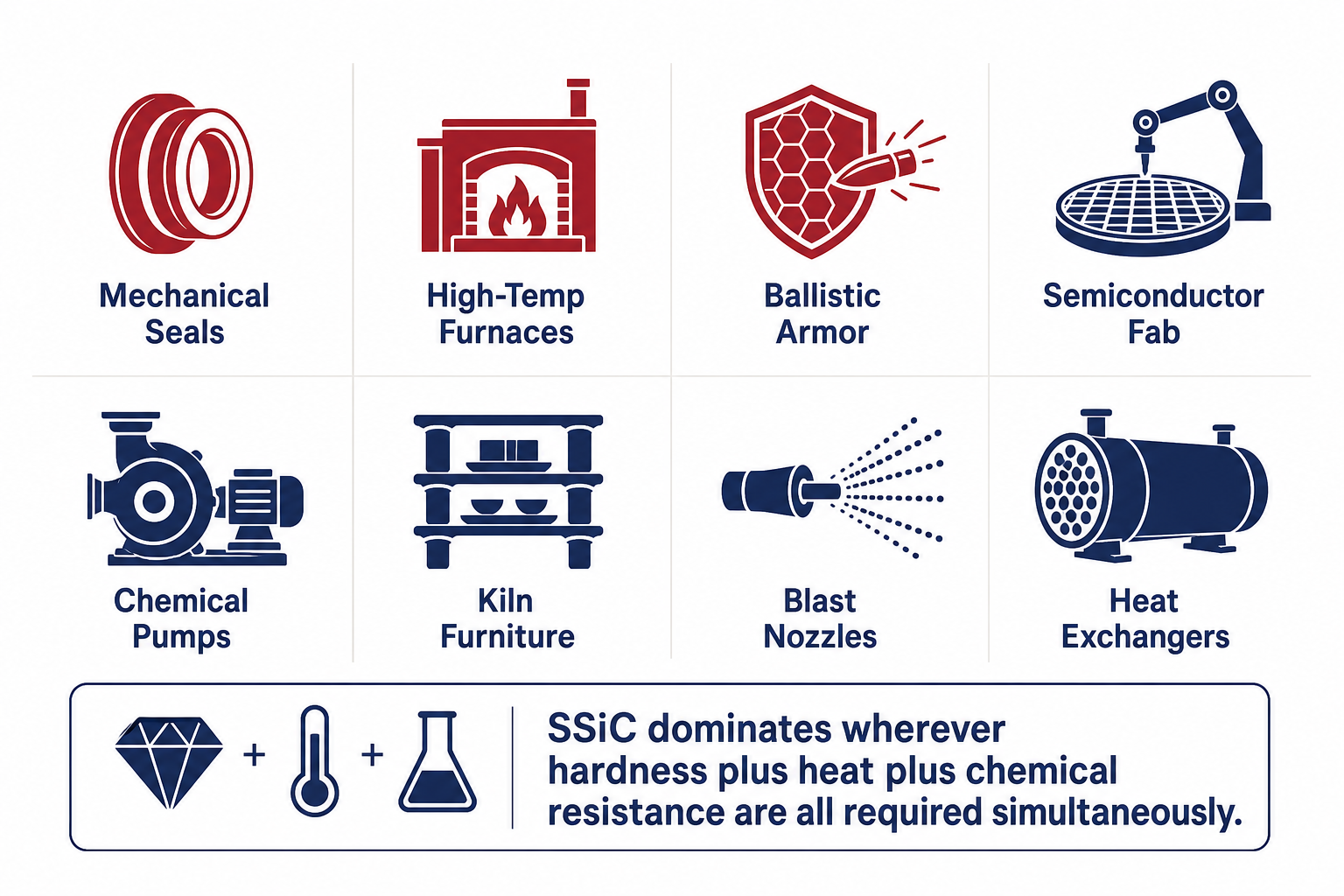 Application domains where sintered silicon carbide excels: mechanical seals, high-temp furnaces, ballistic armor, semiconductor fab, chemical pumps, kiln furniture, blast nozzles, heat exchangers