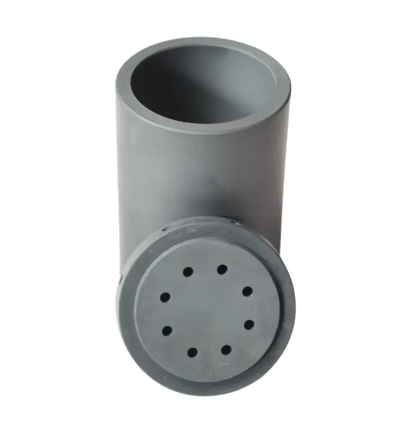 XICAR™ SSiC crucible with perforated base section, showing dense graphite-grey ceramic body and precision-machined holes, as taken from Sialon Ceramics