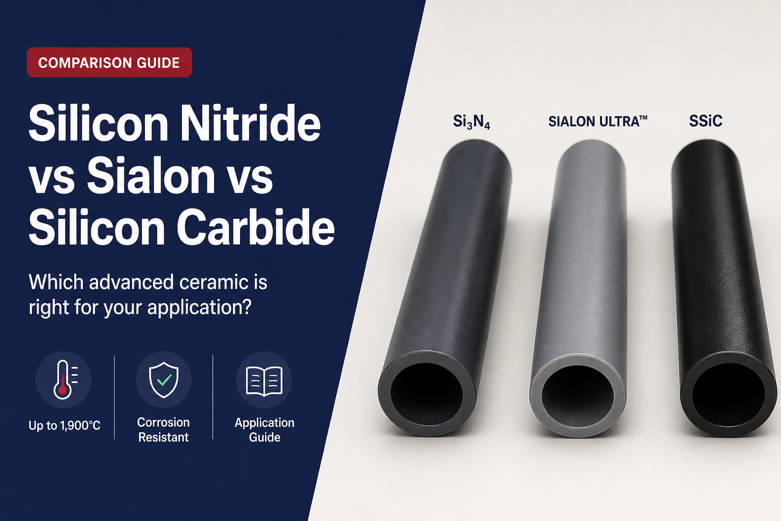 Three-panel comparison of silicon nitride, sialon, and sintered silicon carbide ceramic products