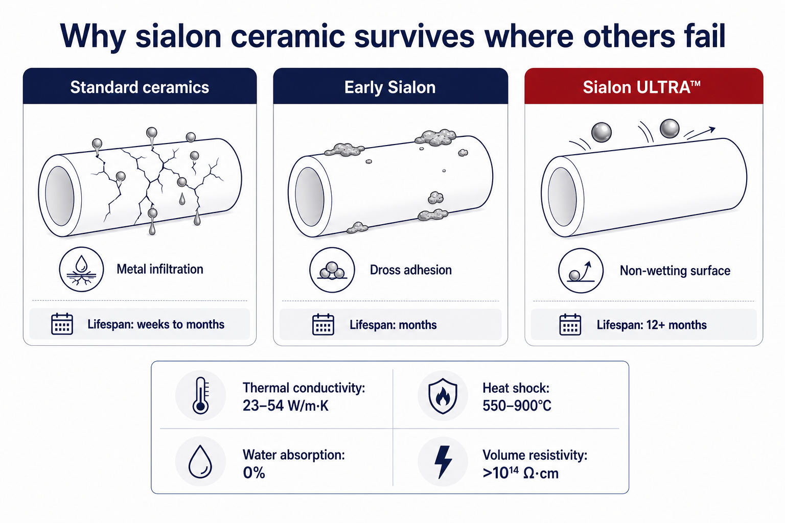 Sammenligning av Sialon ULTRA keramiske materialer: standardkeramikk vs. tidlig Sialon vs. Sialon ULTRA som viser progresjon fra metallinfiltrasjonsfeil til 12+ måneders levetid, hentet fra Sialon Ceramics