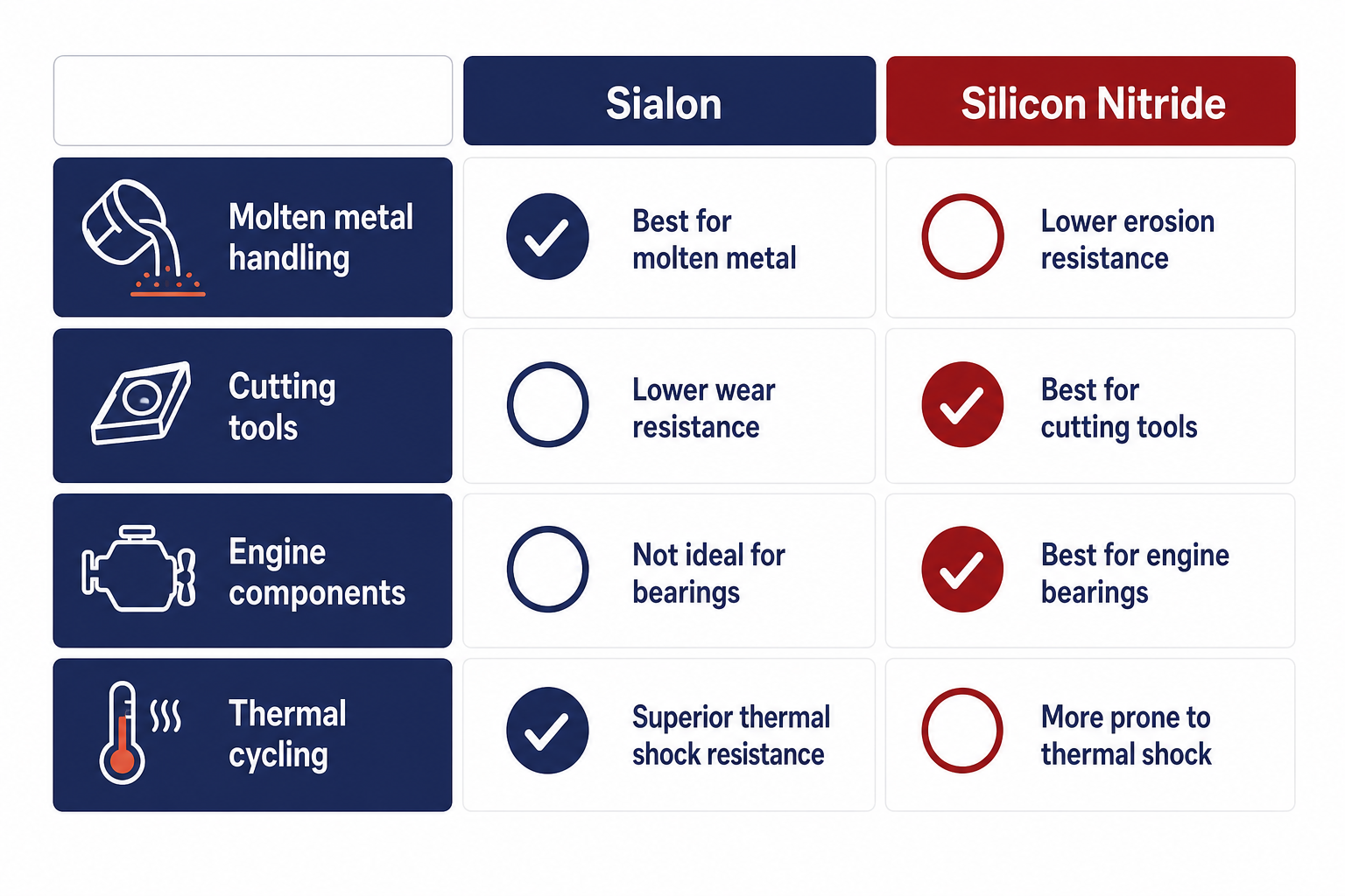 Application domains showing where sialon and silicon nitride each excel: Sialon wins in molten metal handling and thermal cycling; Silicon Nitride wins in cutting tools and engine components