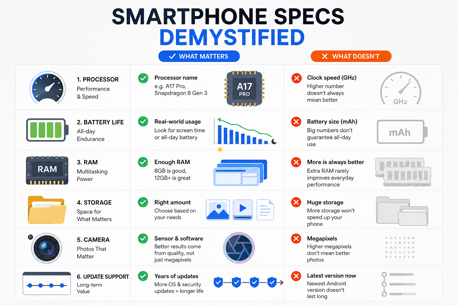 Specs guide showing what matters vs marketing noise